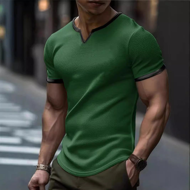 Color-block V Neck Outdoor Sports Waffle T-shirt