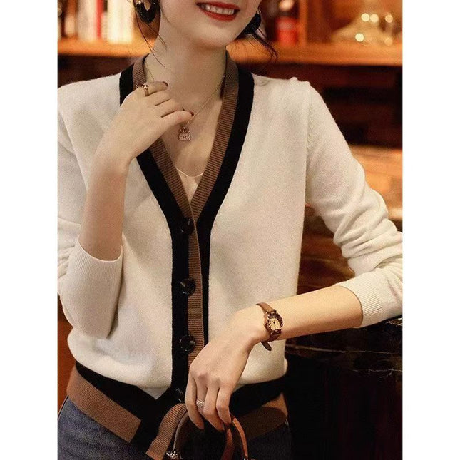 Color-block V Neck Cardigan Knitted Women's Long-sleeved Sweater Outer Tops