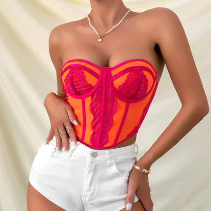 Low-cut Color Matching Wrapped Chest Lace Steel Ring Fishbone Top