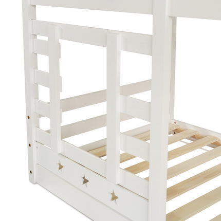 Stapelbedberging Kinderkajuitbed Enkelbed Met Venster Vir Kinders, Dubbelslaper 190x90 Cm, Soliede Dennehout, 3VT - Wit
