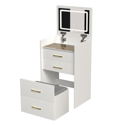 3-in-1 Spogtafel met Oop Bovlak Spieël, Klein Grimering Spogtafelstel met Sigbare Glasblad, Kompakte Grimering Spogtafel met 3 Laaie, Kleedtafel vir Slaapkamer