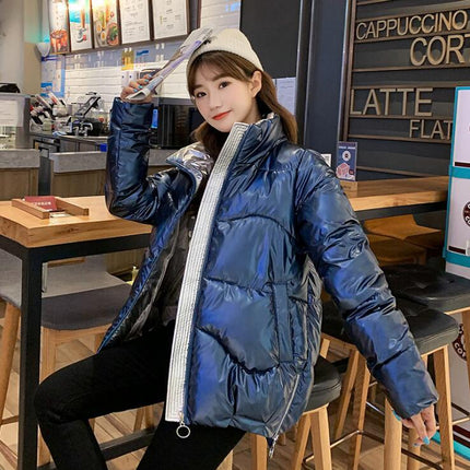 Women's bright leather jacket short down cotton jacket