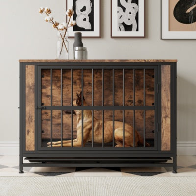 Dog Crate Furniture, Wooden Dog Crate Table, 38.9 Dog Kennel With 2 Sliding Doors And Thick Iron Door Frame, Decorative Pet Crate House For Large Medium Small Dog Indoor Use  Rustic Brown