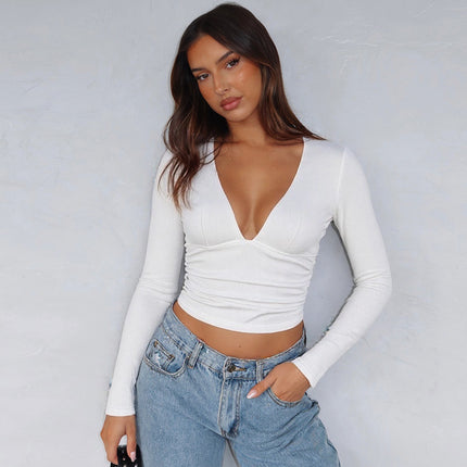 Long Sleeve V-neck T-shirt Slim-fit Color Sunken Stripe Top