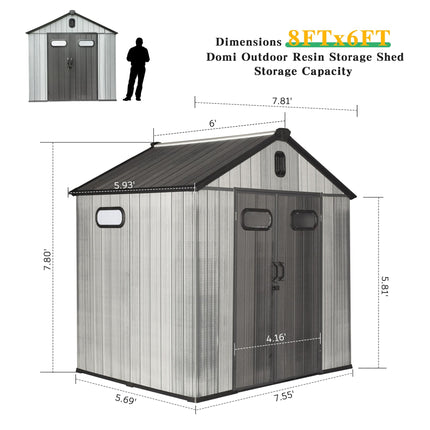 8x6VT Harpuis Buite Stoorhuis Met Sluitbare Deur, Waterdigte Buite Stoorhuise Met Vensters & Ventilasie, Swaar-Diens Plastiek Gereedskap Stoorhuis Vir Patio Meubels, Grassnyer, Fiets