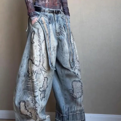 Plus Size Street Men's Random Needle Embroidery Stain Jeans
