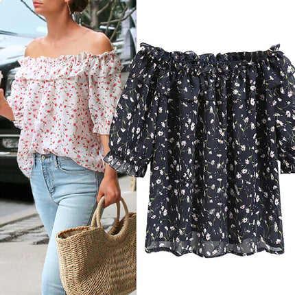 One-line Neck Floral Chiffon Shirt Top