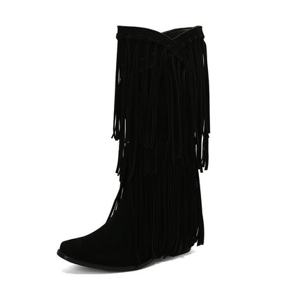 Women's High Boots Autumn And Winter Suede High Heel Tassel Boots Below The Knee