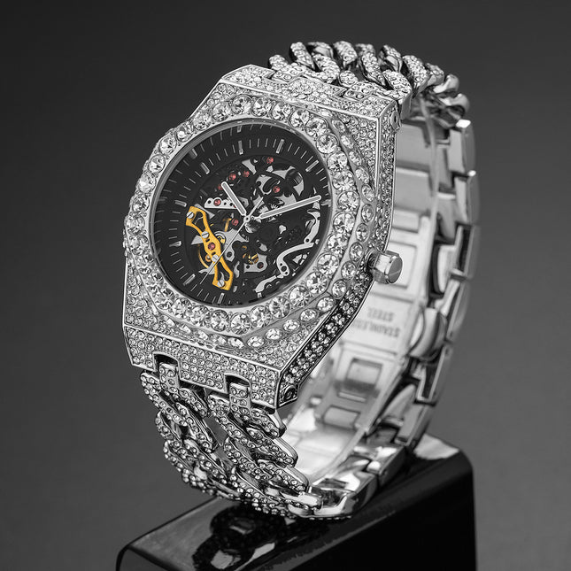 Full Diamond Hip Hop Cuban Link Chain Stitching Hollow Automatic Mechanical Watch