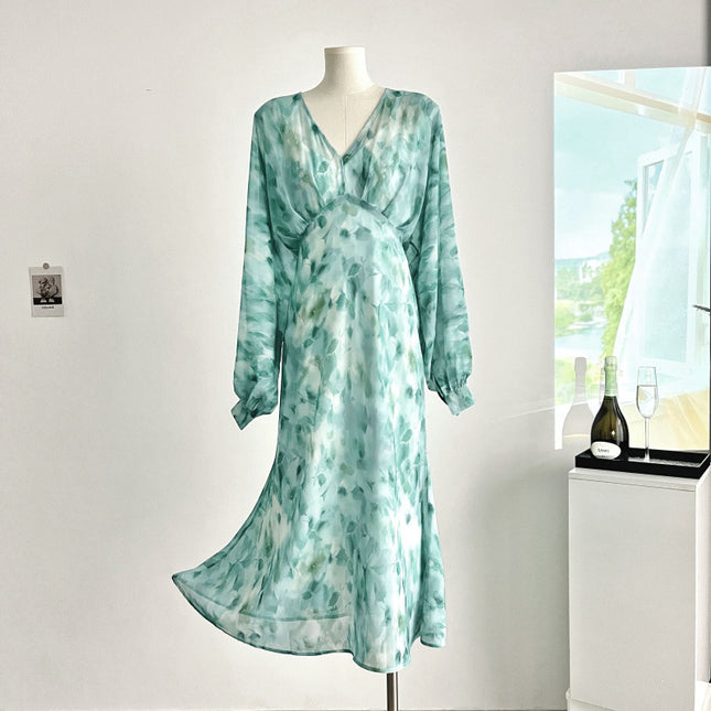 Full Of Green Watercolor Blooming V-neck Printed Oblique Cut Dress Elegant Graceful Dress