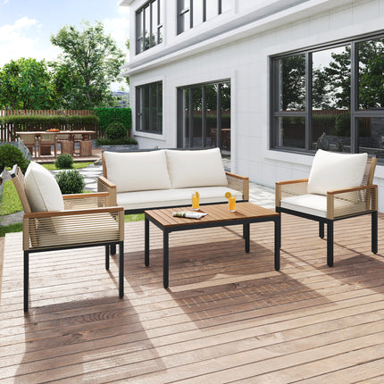 Garden Lounge Set, Garden Furniture Set With Comfortable Cushions, Double Sofa, 2 Armchairs And Table, Outdoor, Rattan, Table And Chairs, Beige