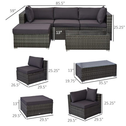 5-Stuk Buitelug Seksionele Meubels, Patio Bankstel, PE-Wicker Rusbank, Kussings, Kussing, Ottomaan, Tafel, Houtskool
