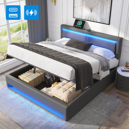 Gestoffeerde Bed 150 X 200 Cm, King Size Bed-5vt, met USB-poort Ondersteun Draadloos en Bedrade Laai, met LED-beligting en Bergingspasie, Sonder Matras, PU-litjiepatroon, Grys