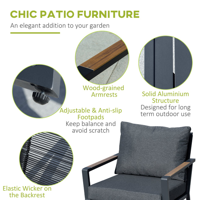 4-Stuk Patio Meubelstel, Aluminium Gespreksstel, Buite Tuinbankstel Met Armstoele, Tweesitplekbank, Sentrale Koffietafel En Kussings, Donkergrys