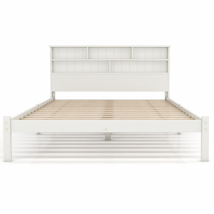 Bed With Shelves, White Wooden Storage Bed, Underbed Drawer - 4ft6 Double 135 X 190 Cm