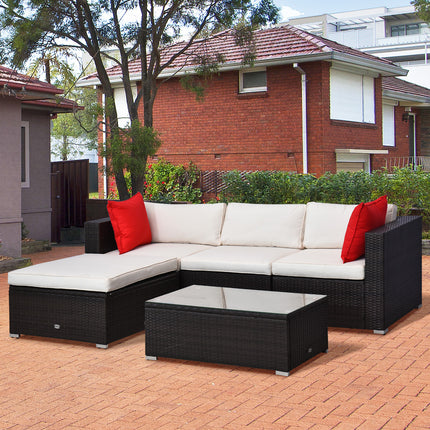 5-Stuk Patio Meubelstel met Kussings, Buitenste PE Rotting Wicker Bankstel, Seksionele Meubels met Kille, Glas Koffietafel vir Tuin, Agterplaas, Bruin/Roomwit