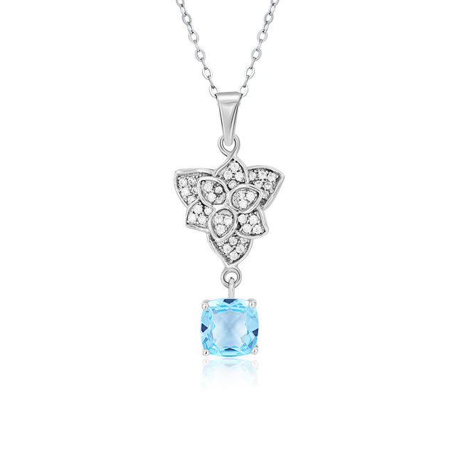 Fashion S925 Silver Set Swiss Blue Topaz Pendant Necklace