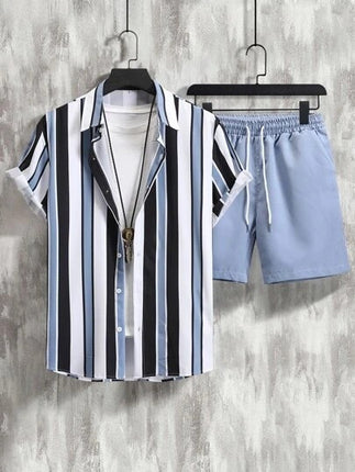 Striped Contrast Color 3D Printing Vacation Shirt Shorts 2 Pieces Suit
