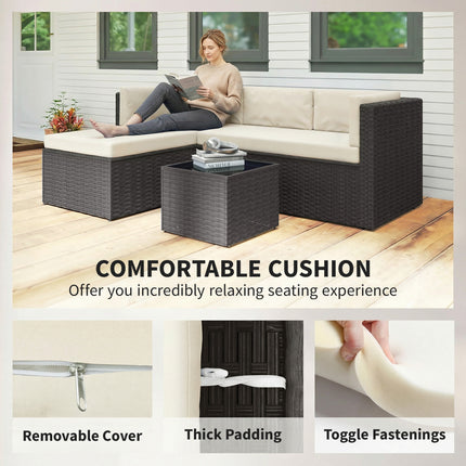 3 Stuk Patio Meubelstel, Rieten Buitelug Patio Gespreksmeubelstel met Kussings, Glasbladtafel, Beige