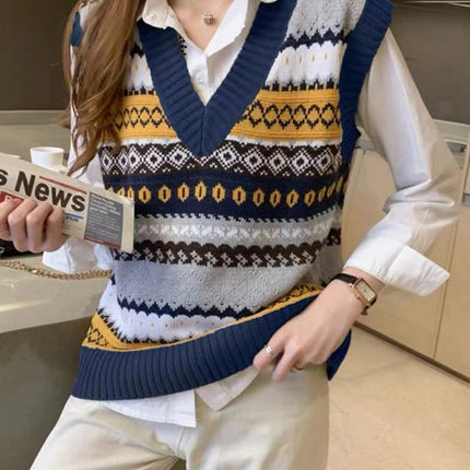 Retro V-neck Rhombus Vest Women's Knitted Jacquard Sleeveless Sweater