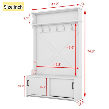 Hall Tree With Top Shelf And Storage Bench, Hallway Shoe Cabinet With Sliding Doors, Coat Rack With 5 Hanging Hooks For Entryways Hallways