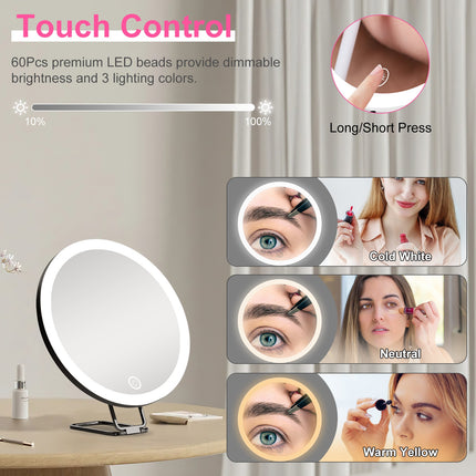 White-Black Options -- 1Pc 30X Magnifying Mirror With Light 3 Colors Dimmable Brightness Included Tweezer Scissor Travel Magnifying Makeup Mirror With Suction Cup 360 Degree Adjustable Stand