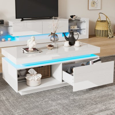 Hoëglans LED-koffietafel met laaistoorplek, Hout middeltafel met RGB LED-ligte Reghoekige teetafel vir sitkamermeubels, Wit koffietafel met oop uitstalrak