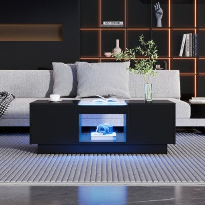 LED-koffietafel vir sitkamer, moderne koffietafel met stoorplek met LED-ligte, 2 vlakke en 2 laaie, groot sitkamer-middeltafels swart