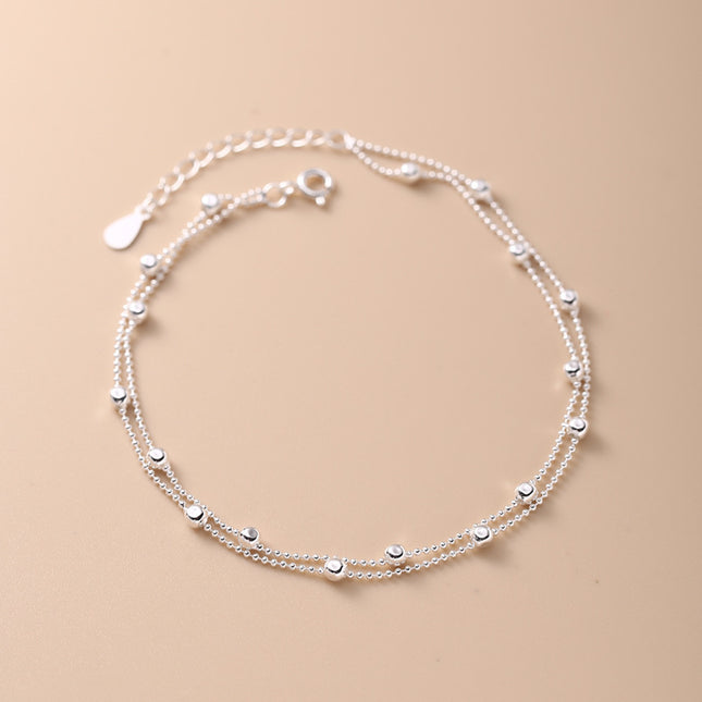 925 Sterling Silver Interval Round Beads Double-circle Anklet Female
