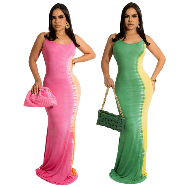 Fishbone French Print Dress Summer European And American Hot Temperament Camisole Backless Floor-length Dress HN083