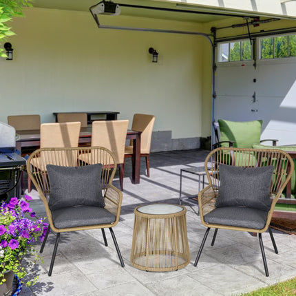 3 Stukke Rottang Bistro Stel, Rattan Tuinmeubelstel Met Kussings, Glaskant Koffietafel En Stoele Vir Buite, Patio, Balkon, Bruin