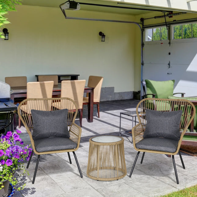 3 Stukke Rottang Bistro Stel, Rattan Tuinmeubelstel Met Kussings, Glaskant Koffietafel En Stoele Vir Buite, Patio, Balkon, Bruin
