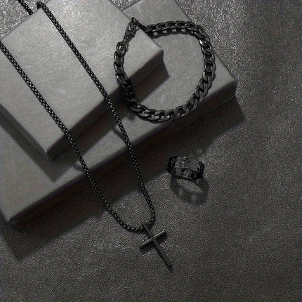Retro Dark Cross Necklace Three-Piece Set