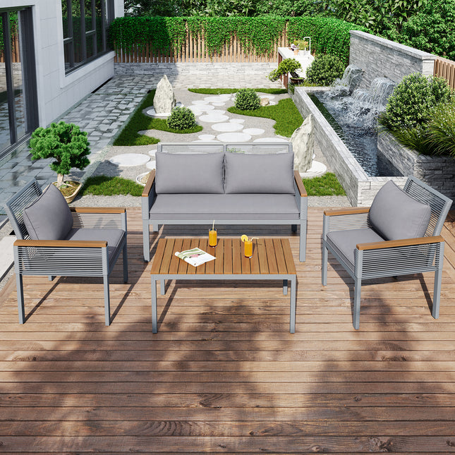Garden Lounge Set, Garden Furniture Set With Comfortable Cushions, Double Sofa, 2 Armchairs And Table, Outdoor, Rattan, Table And Chairs, Grey