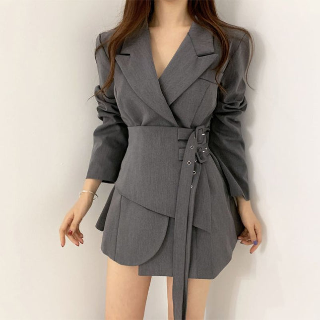 New Adjustable Double Belt Coat Female Slimming False Two-piece Skirt Suit