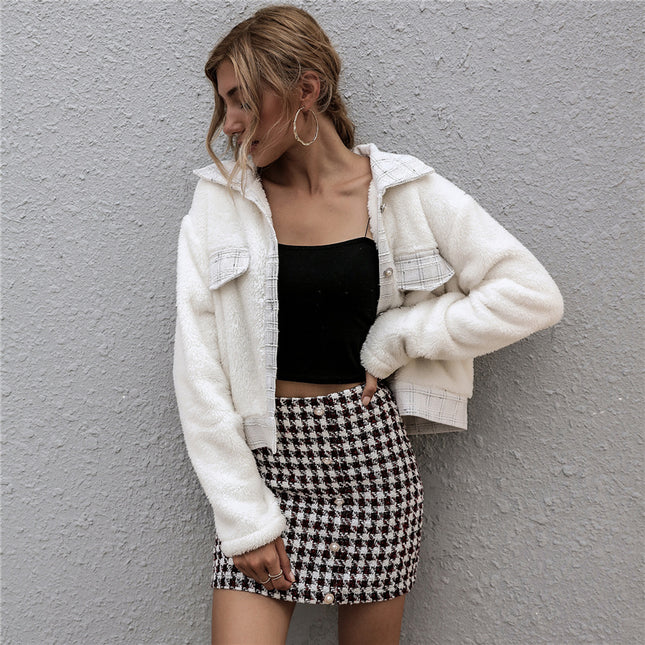 Button Down Lapel Pocket Blouse Woolen Jacket For Lady