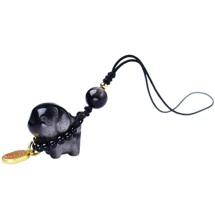 Cute Silver Obsidian Curly-Tail Cat Wangcai Puppy Keychain