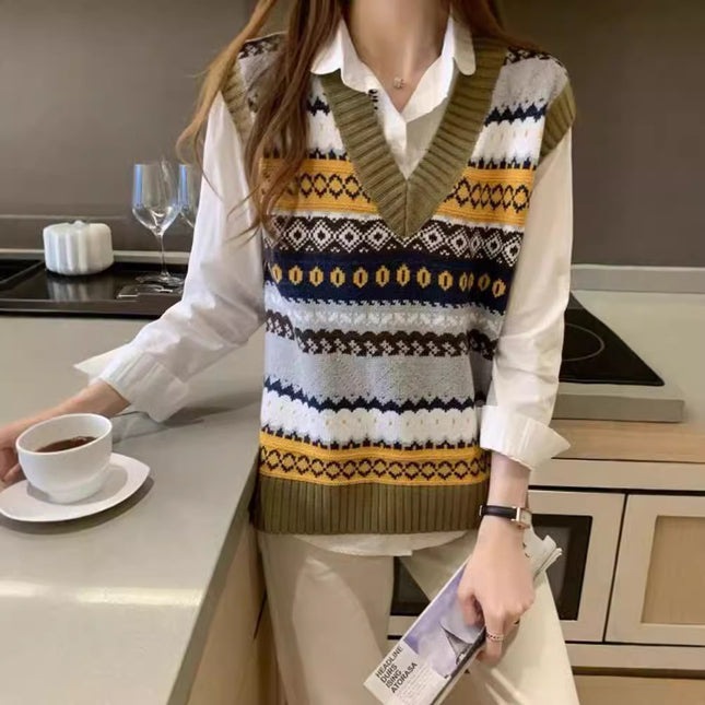 Retro V-neck Rhombus Vest Women's Knitted Jacquard Sleeveless Sweater