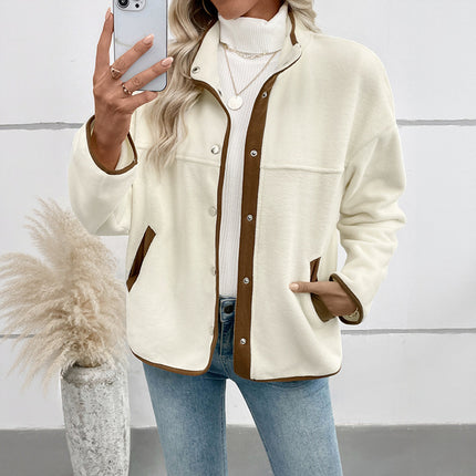 European And American Contrast Color Polar Fleece Cardigan Women's Fleece Short Stand-up Collar Casual Jacket