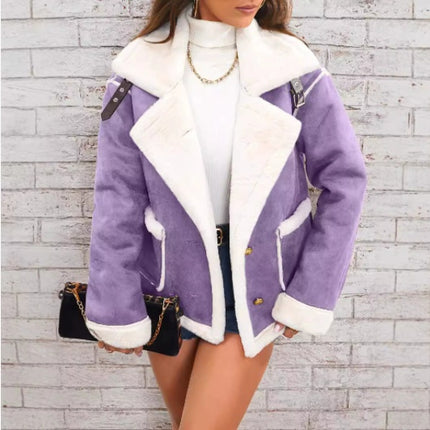 Lapel Plush Jacket, Winter Warm Casual Outwear, Women's Clothing