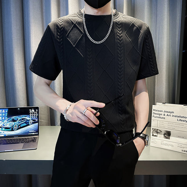 Rhombus Jacquard Personality Trend Summer Round Neck Half T-shirt