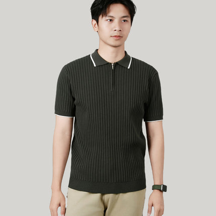 Men's Half-zip Ice Silk Knitted Lapel Vertical Striped Top