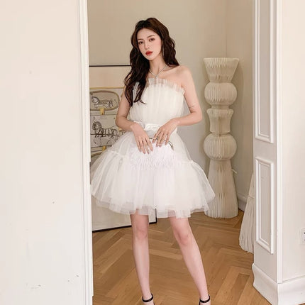 Design Bow Waist-tight Fairy Mesh High Waist Bubble Dress