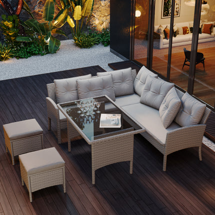 Tuinmeubelstelle, Tuinbank, Tuinhoekbank Rattan Patio Stel, 6-7 Siter Buiten Patio Meubels, Sitkamer Hoekbank Stel Met Tafelstoel, Gemengde Khaki Riet Met Liggrys Kussings