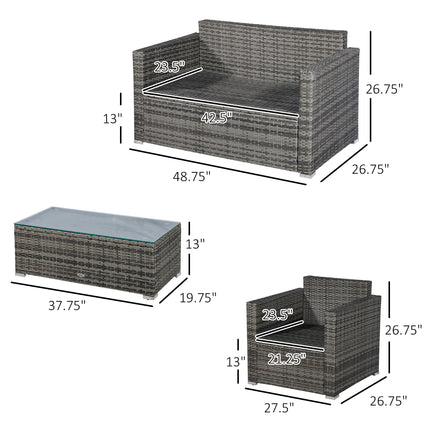 4-stuk Wicker Patio Meubelstel met Kussings, Buitelug Seksionele Meubels met 2 Banke, Liefdesitplek, en Glaskoel koffietafel, Gespreksbankstelle vir Tuin, Swart