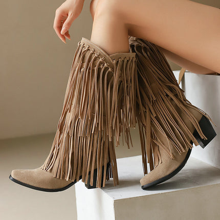 Women's High Boots Autumn And Winter Suede High Heel Tassel Boots Below The Knee