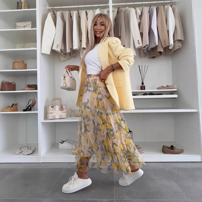 Summer New Mesh Lemon Printing Elastic Waist Large Swing Casual Skirt Women