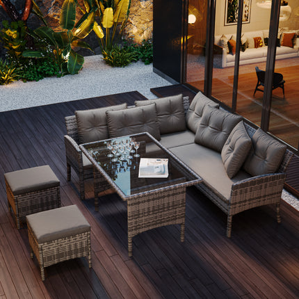 Tuinmeubelstelle, Tuinbank, Tuinhoekbank Rotting Patio Stel, 6-7 Siter Buiten Patio Meubels, Sitkamerhoekbankstel Met Tafelkruk, Gemengde Grys Rietwerk Met Donkergrys Kussings