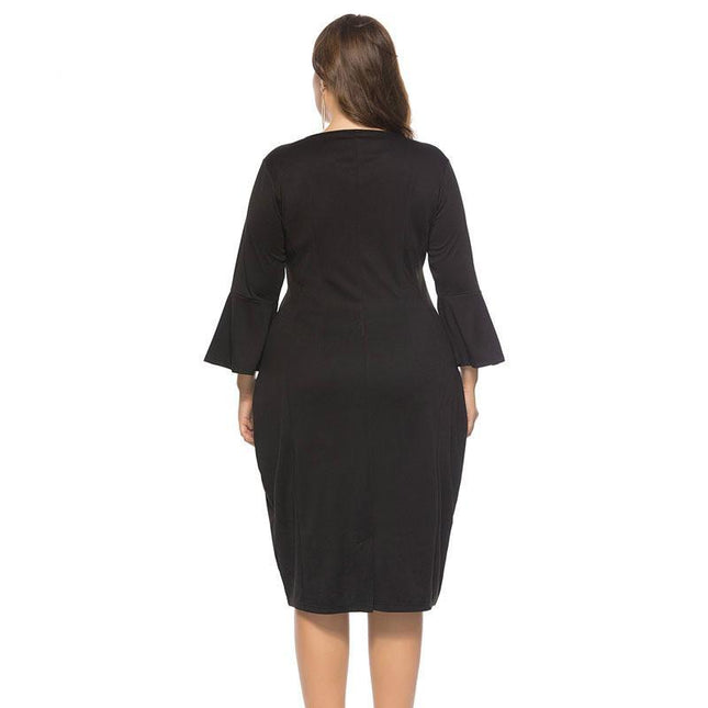 Round Neck Plus Size Slim Fit Flared Sleeve Mid-length Dress