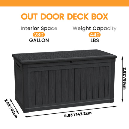 230 Gallon Groot Buitenberging XXL Dekkas Vir Patio Meubels, Buitekussings, TuinGereedskap En Sport-/Swembadtoerusting, Waterdigte Hars, Sluitbaar, Swart